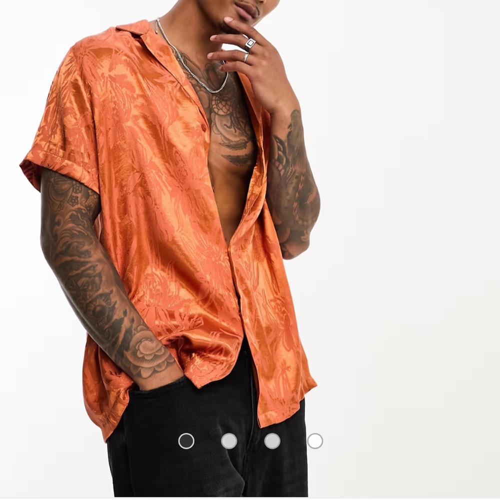 ASOS DESIGN relaxed deep revere shirt in orange leafy print jacquard